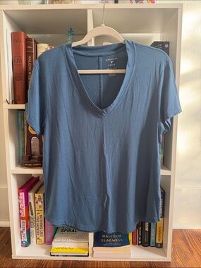 American Eagle Outfitters Slate Blue V-Neck Short Sleeve Tee